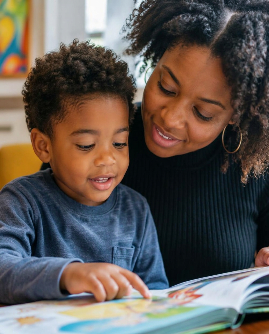A mother and her young son reading a colorful picture book together