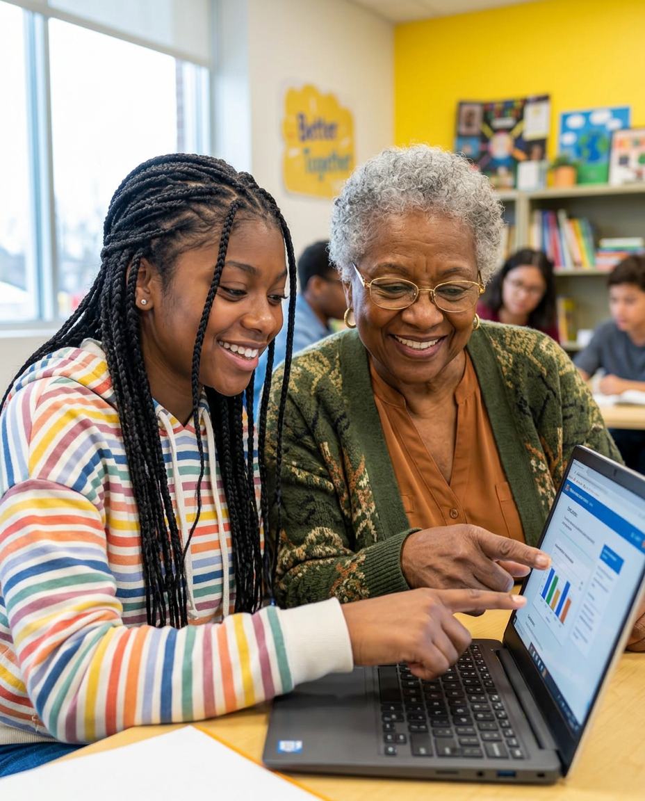 A smiling teenage girl and a senior woman learning together on a laptop, both pointing at the screen